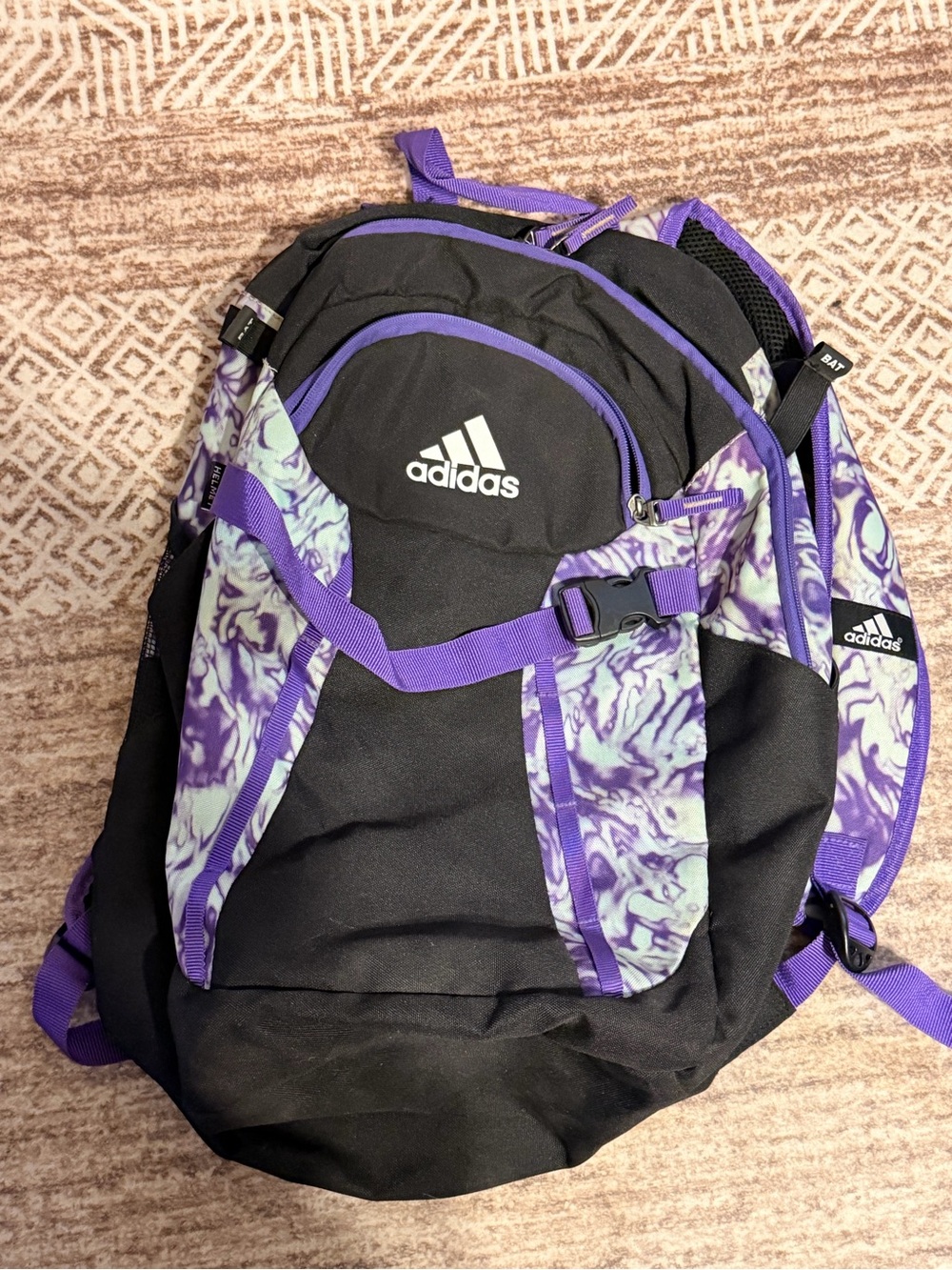 adidas Women’s Black Backpack with Purple Pattern Accents